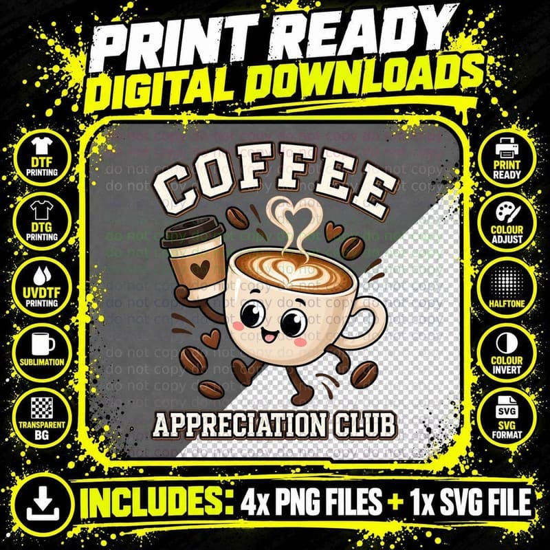 Coffee Appreciation Club Cute Latte Cup Cartoon Retro Caffeine Lover T-Shirt Png SVG Digital Bundle
