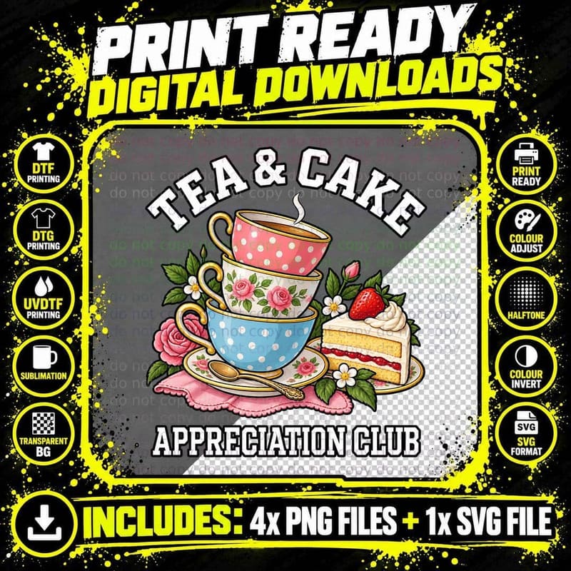 Tea And Cake Appreciation Club Retro Polka Dot Teacups Strawberry Sponge T-Shirt Png SVG Digital Bundle