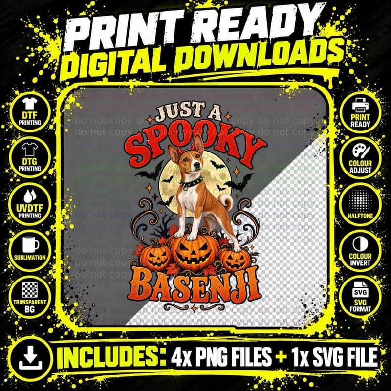 Just A Spooky Basenji Devil Horns Full Moon Halloween Vintage Dog T-Shirt Png SVG Digital Bundle