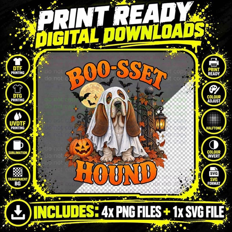 Boo-sset Hound Basset Ghost Costume Spooky Halloween Funny Dog Pun T-Shirt Png SVG Digital Bundle