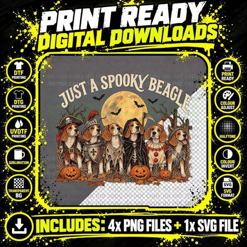 Just A Spooky Beagle Pack Halloween Costumes Pirate Knight Reaper T-Shirt Png SVG Digital Bundle