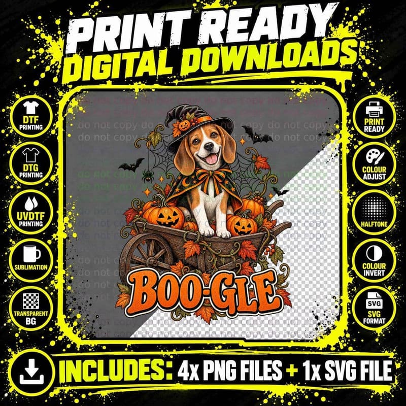 Beagle Halloween Witch Hat Pumpkin Wheelbarrow Vintage Png SVG Digital Bundle