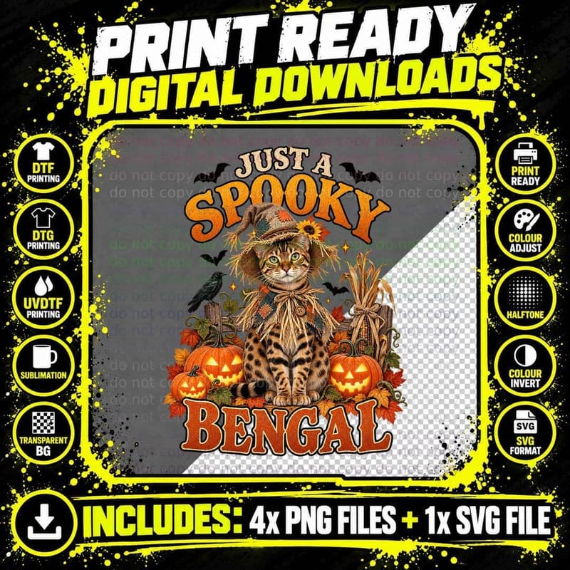 Just A Spooky Bengal Cat Scarecrow Halloween Pumpkin Patch Autumn T-Shirt Png SVG Digital Bundle