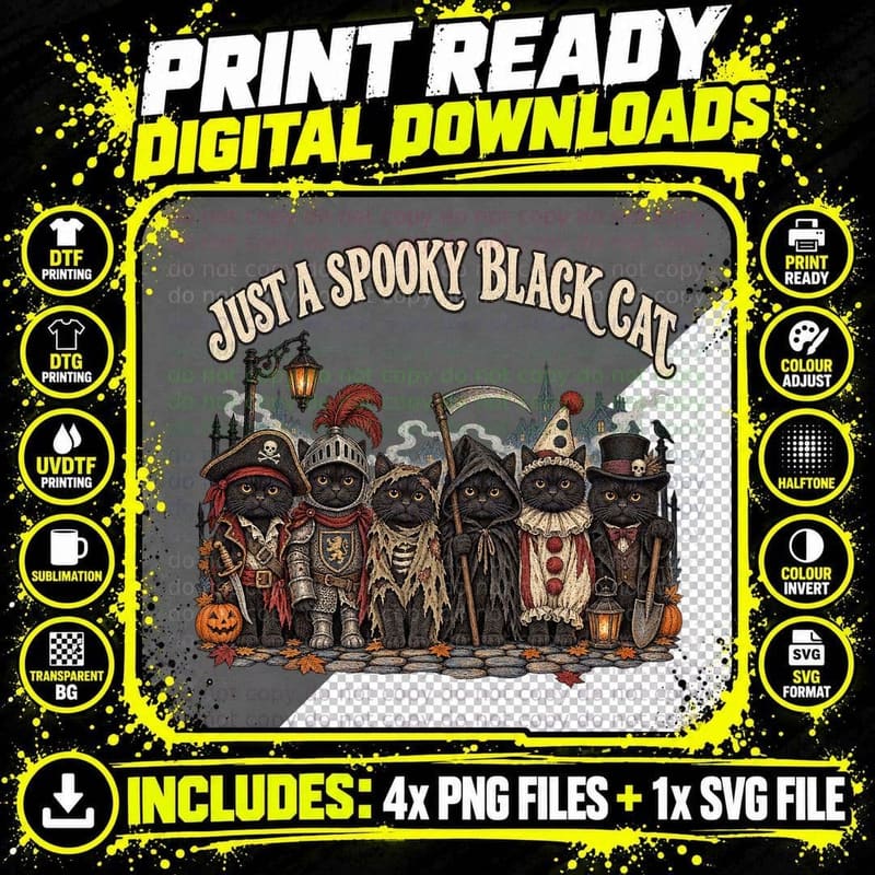 Just A Spooky Black Cat Gang Halloween Costumes Pirate Knight Reaper T-Shirt Png SVG Digital Bundle