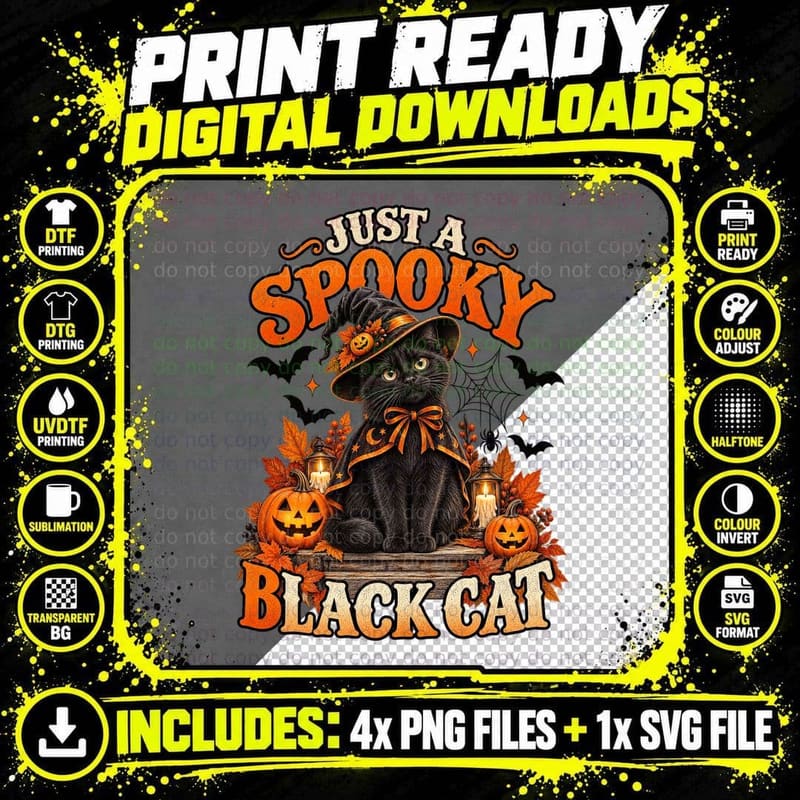 Just A Spooky Black Cat Witch Hat Halloween Pumpkins Vintage Retro T-Shirt Png SVG Digital Bundle