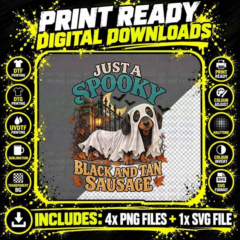 Just A Spooky Black And Tan Sausage Dog Dachshund Ghost Halloween T-Shirt Png SVG Digital Bundle