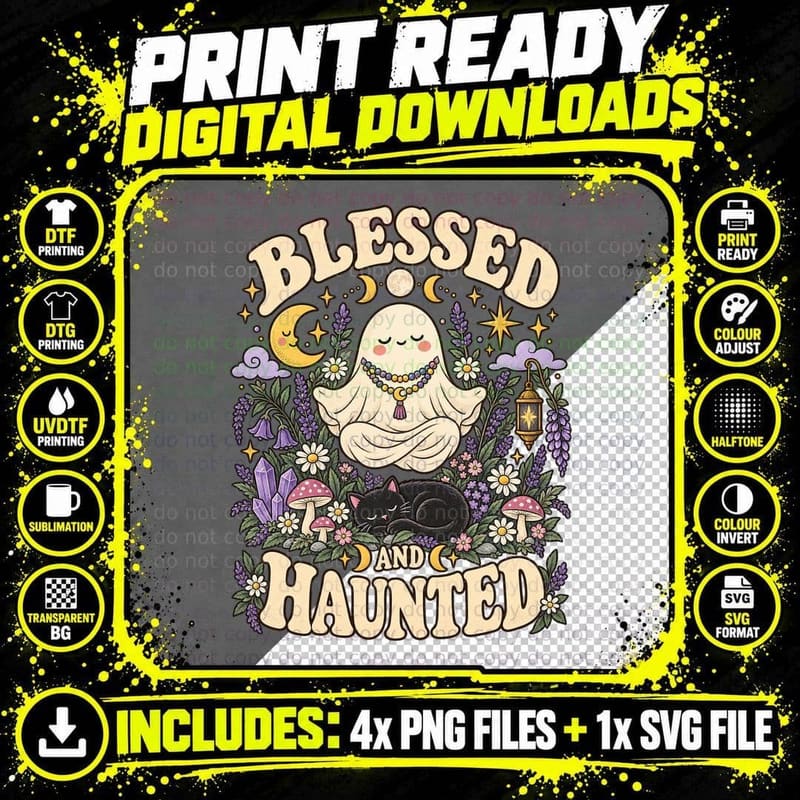 Blessed and Haunted Ghost Cat Witchy Floral Retro Boho Png SVG Digital Bundle