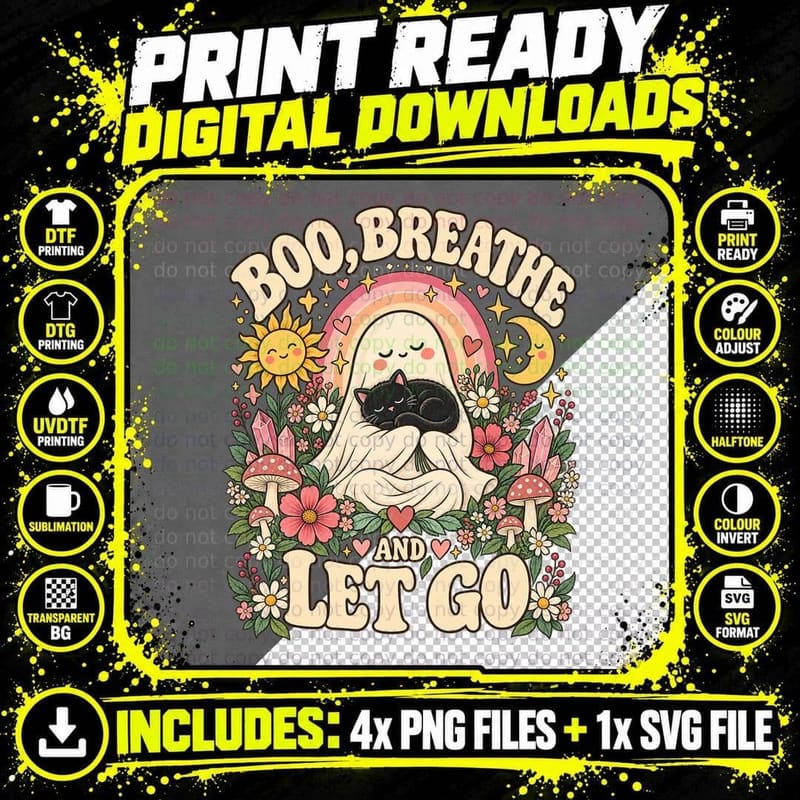 Boo Breathe and Let Go Ghost Black Cat Self Care Witchy Png SVG Digital Bundle