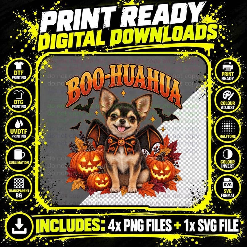 Boo-Huahua Chihuahua Bat Wings Halloween Funny Dog Pun Pumpkins T-Shirt Png SVG Digital Bundle