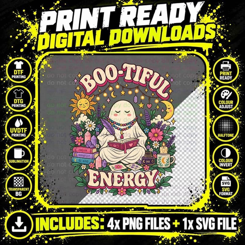 Boo-Tiful Energy Ghost Journaling Writer Spiritual Boho Png SVG Digital Bundle