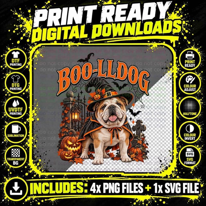 Boo-lldog English Bulldog Vintage Halloween Witch Cape Png SVG Digital Bundle