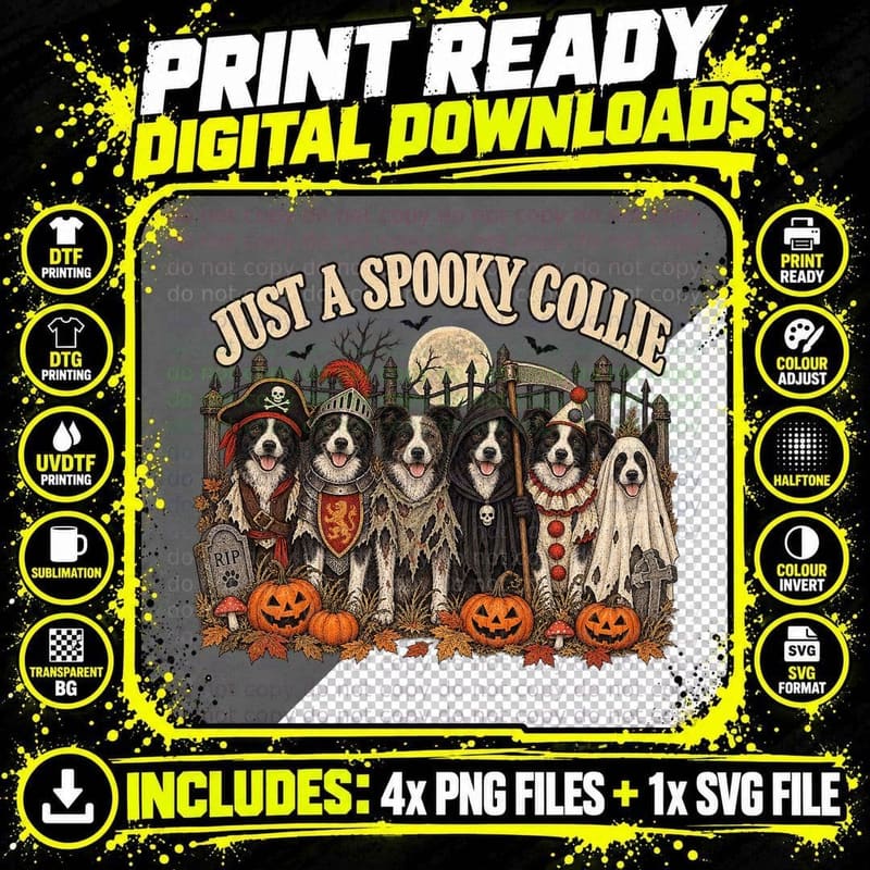 Just A Spooky Border Collie Pack Halloween Costumes Pirate Knight T-Shirt Png SVG Digital Bundle