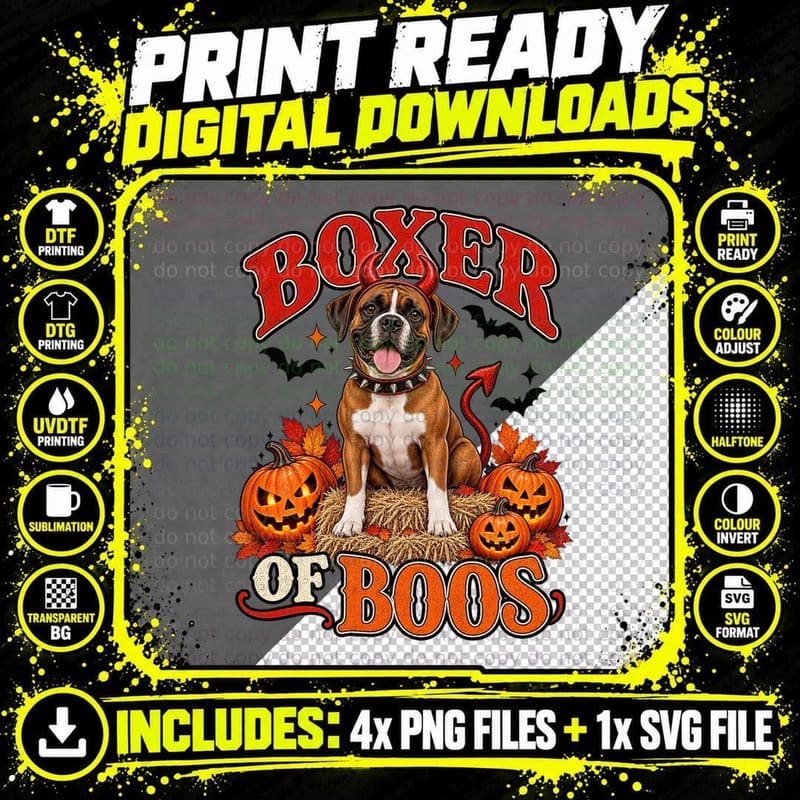Boxer Halloween Devil Horns Pumpkin Hay Bale Vintage Png SVG Digital Bundle