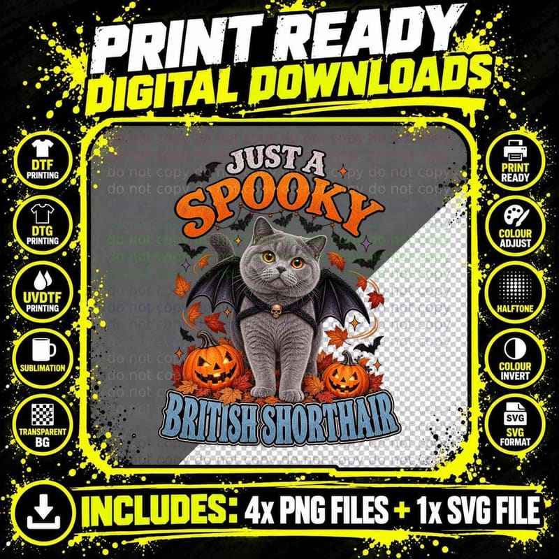 Just A Spooky British Shorthair Bat Wings Grey Cat Halloween Retro T-Shirt Png SVG Digital Bundle
