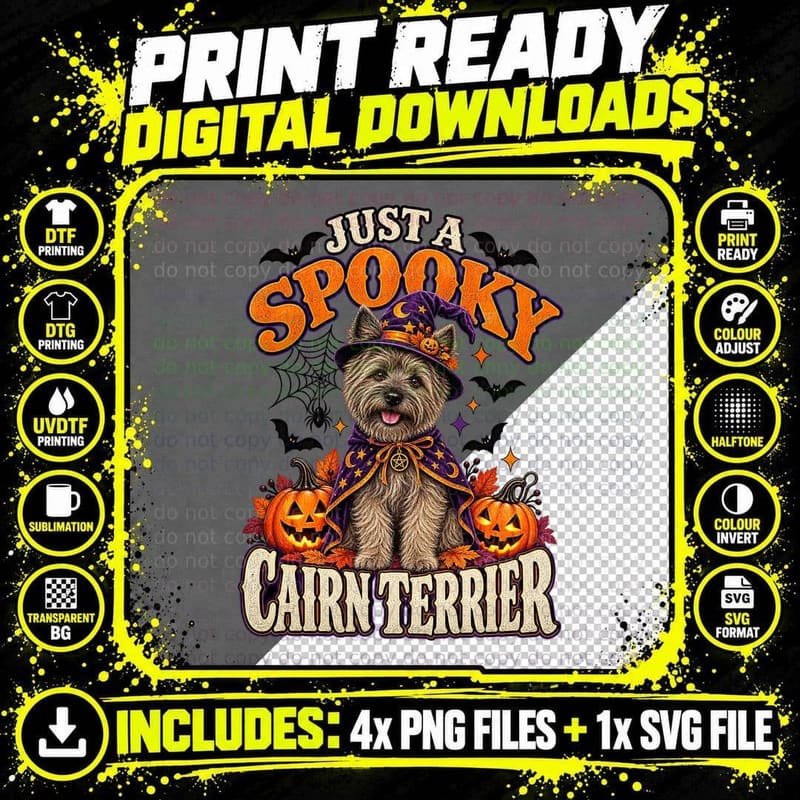 Cairn Terrier Halloween Vintage Spooky Wizard Robe Png SVG Digital Bundle
