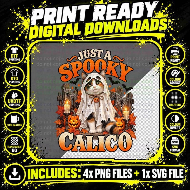 Just A Spooky Calico Cat Ghost Sheet Halloween Candles Pumpkins T-Shirt Png SVG Digital Bundle