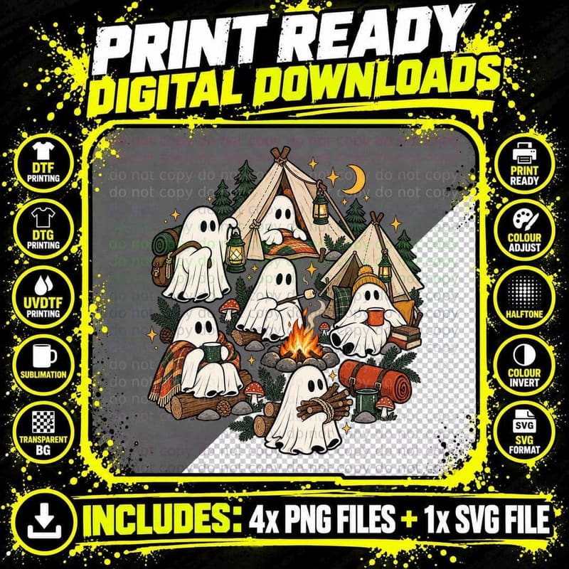 Camping Ghost Campfire Tent Outdoors Cute Spooky Png SVG Digital Bundle