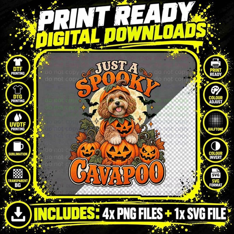 Cavapoo Halloween Pumpkin Costume Full Moon Bats Retro Png SVG Digital Bundle