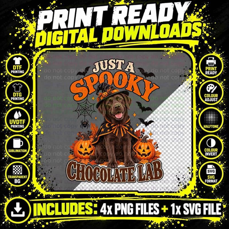 Just A Spooky Chocolate Lab Witch Hat Cape Halloween Labrador T-Shirt Png SVG Digital Bundle