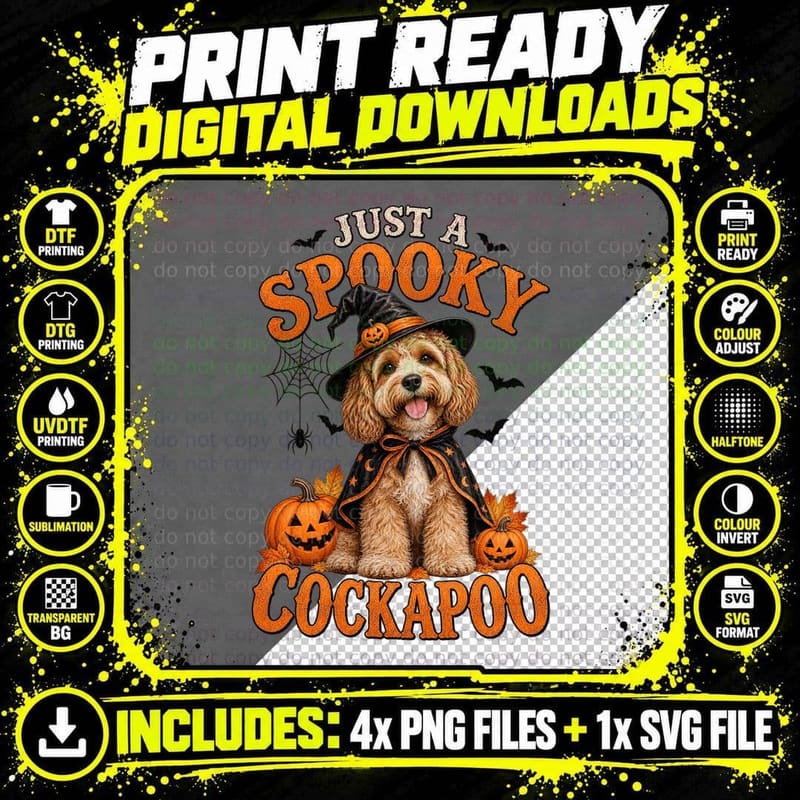 Just A Spooky Cockapoo Witch Hat Cape Halloween Pumpkins Retro Dog T-Shirt Png SVG Digital Bundle