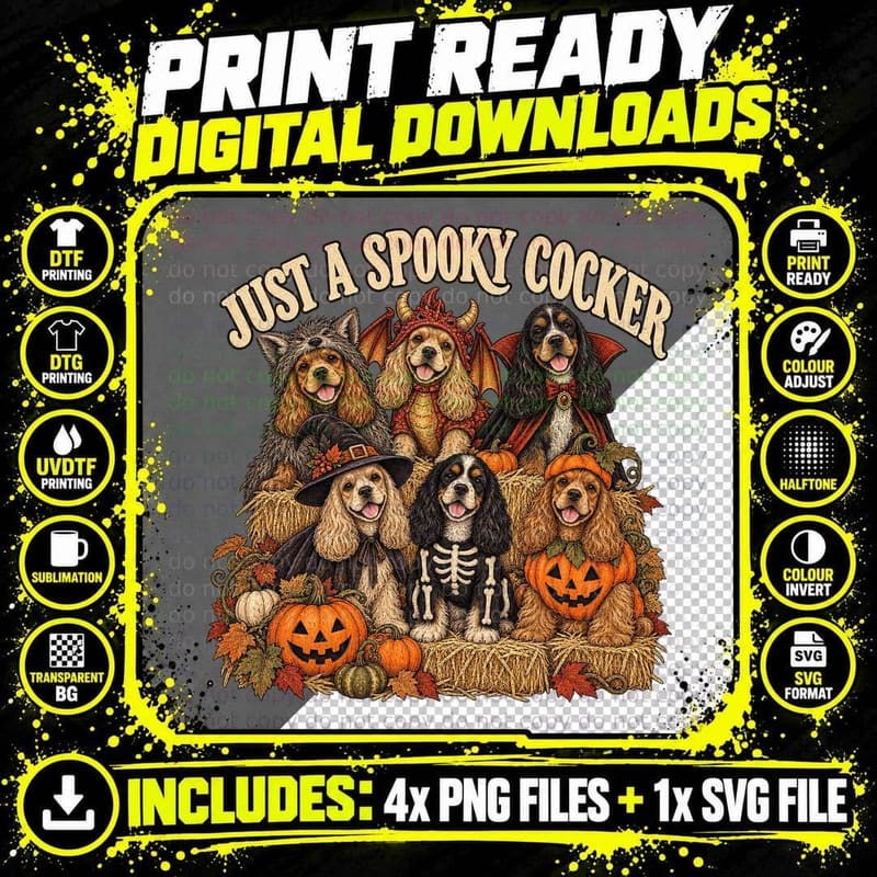 Just A Spooky Cocker Spaniel Pack Halloween Costumes Vampire Witch T-Shirt Png SVG Digital Bundle
