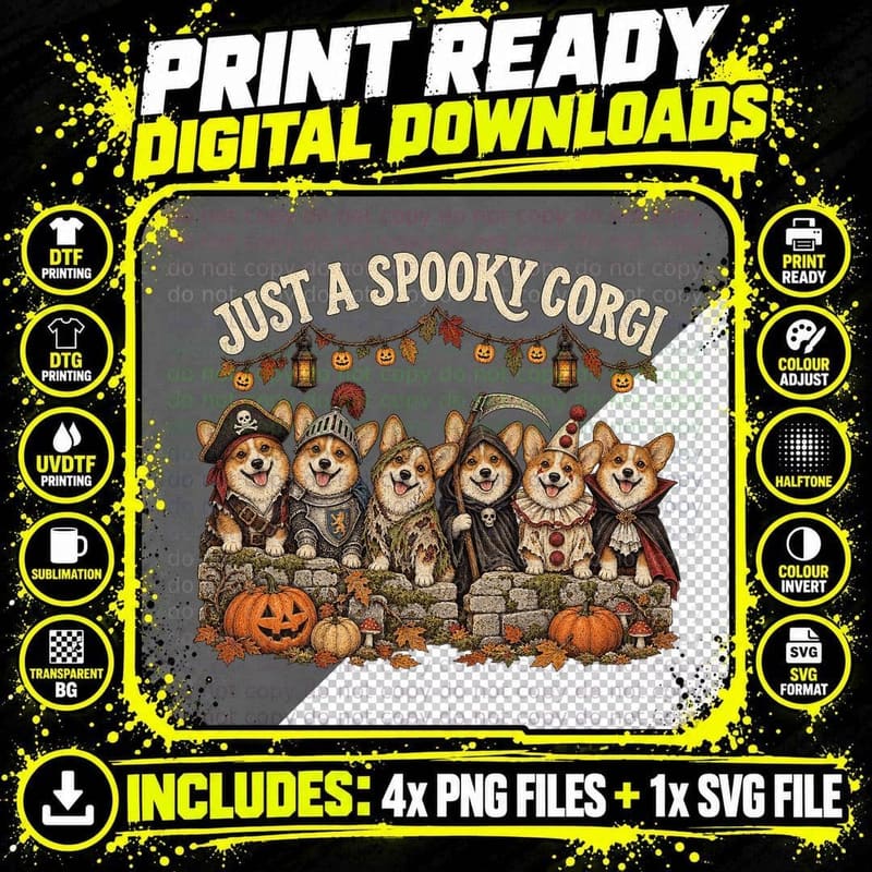 Just A Spooky Corgi Pack Halloween Costumes Pirate Reaper Clown T-Shirt Png SVG Digital Bundle