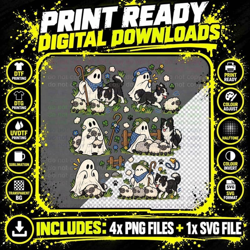 Cute Ghost Border Collie Sheep Herding Halloween Dog Png SVG Digital Bundle