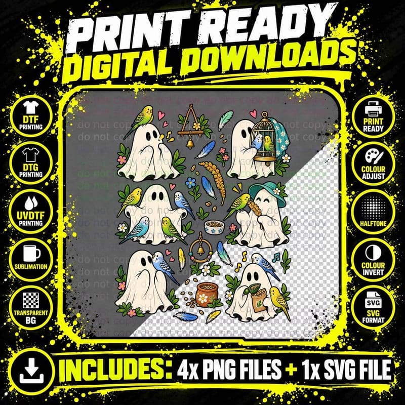 Cute Ghost Budgie Bird Halloween Parakeet Lover Style Png SVG Digital Bundle