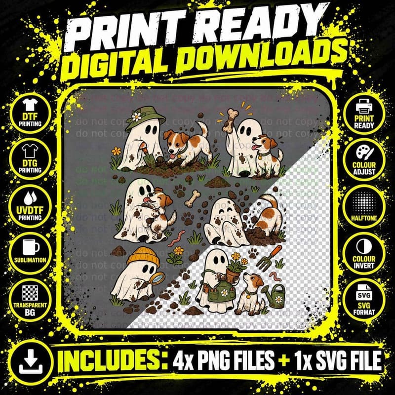 Cute Ghost Jack Russell Gardening Halloween Dog Lovers Png SVG Digital Bundle