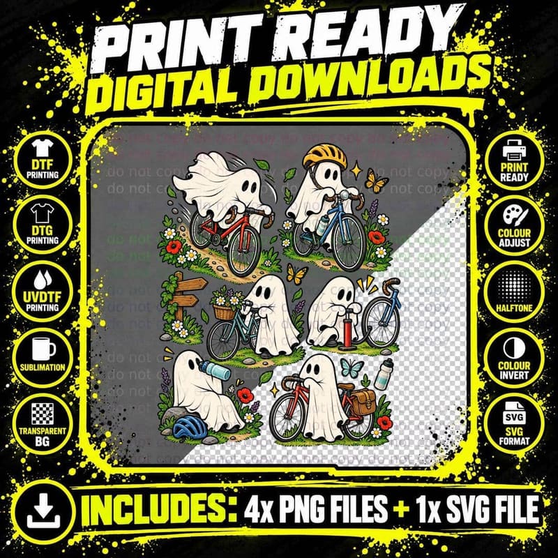 Cycling Ghost Country Lane Bicycle Rider Cute Spooky Png SVG Digital Bundle