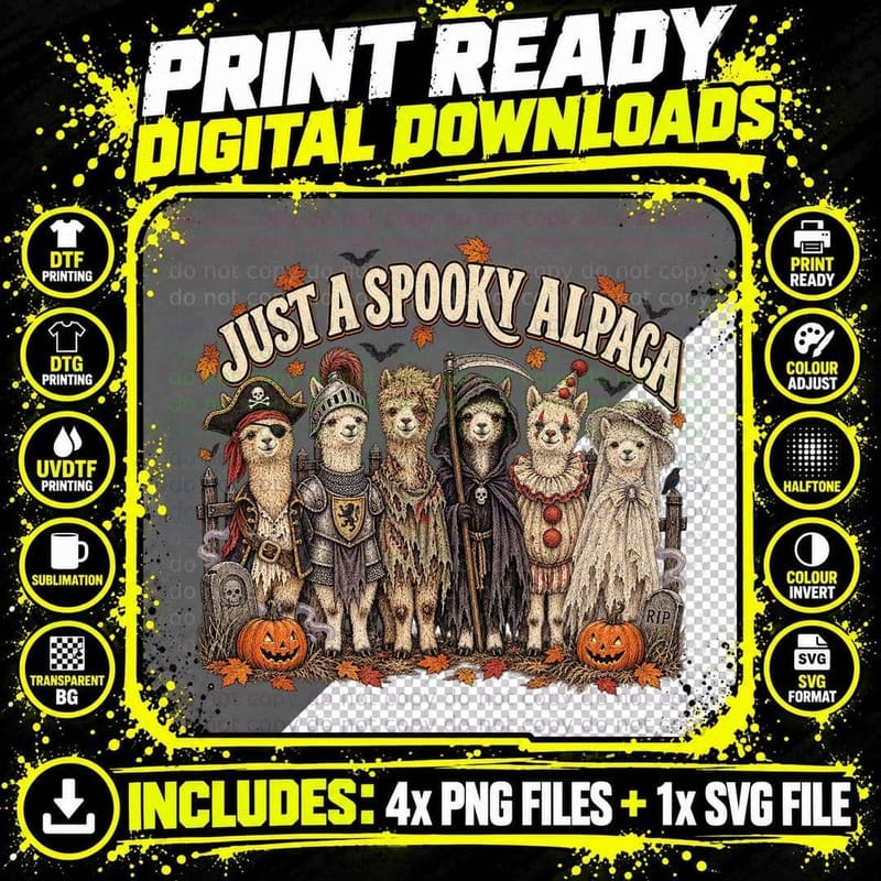 Just A Spooky Alpaca Herd Halloween Costumes Pirate Knight Clown T-Shirt Png SVG Digital Bundle