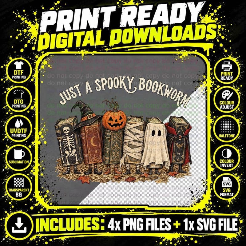 Just A Spooky Bookworm Halloween Books In Costumes Reader Librarian T-Shirt Png SVG Digital Bundle