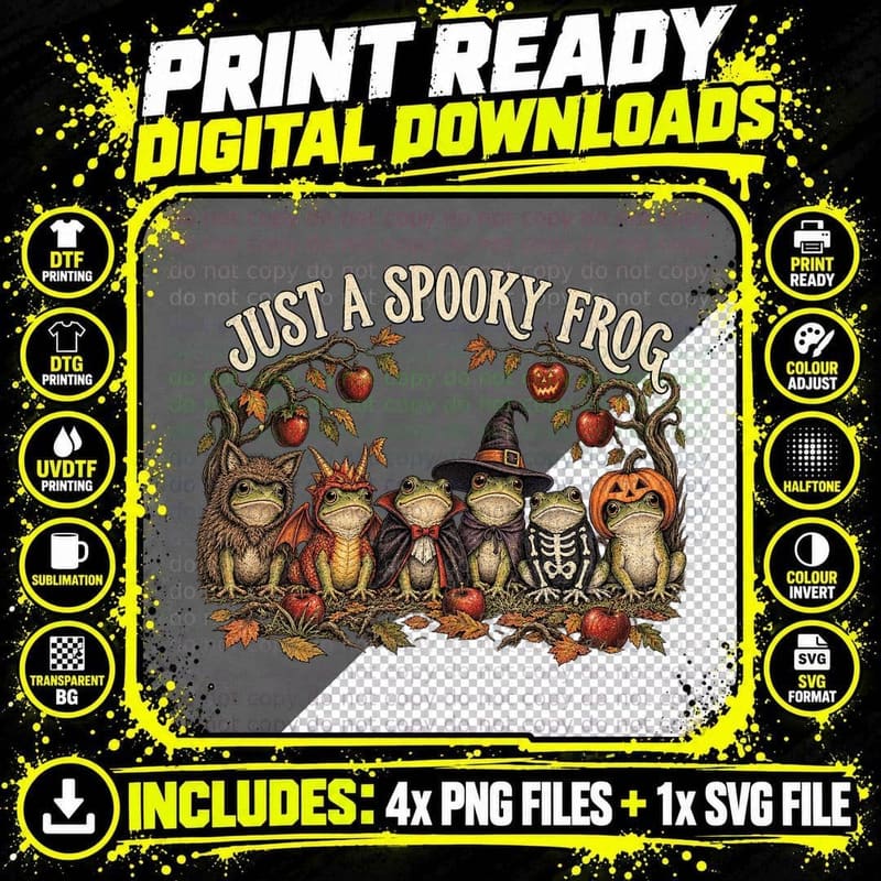 Just A Spooky Frog Halloween Costumes Witch Vampire Toad Retro T-Shirt Png SVG Digital Bundle