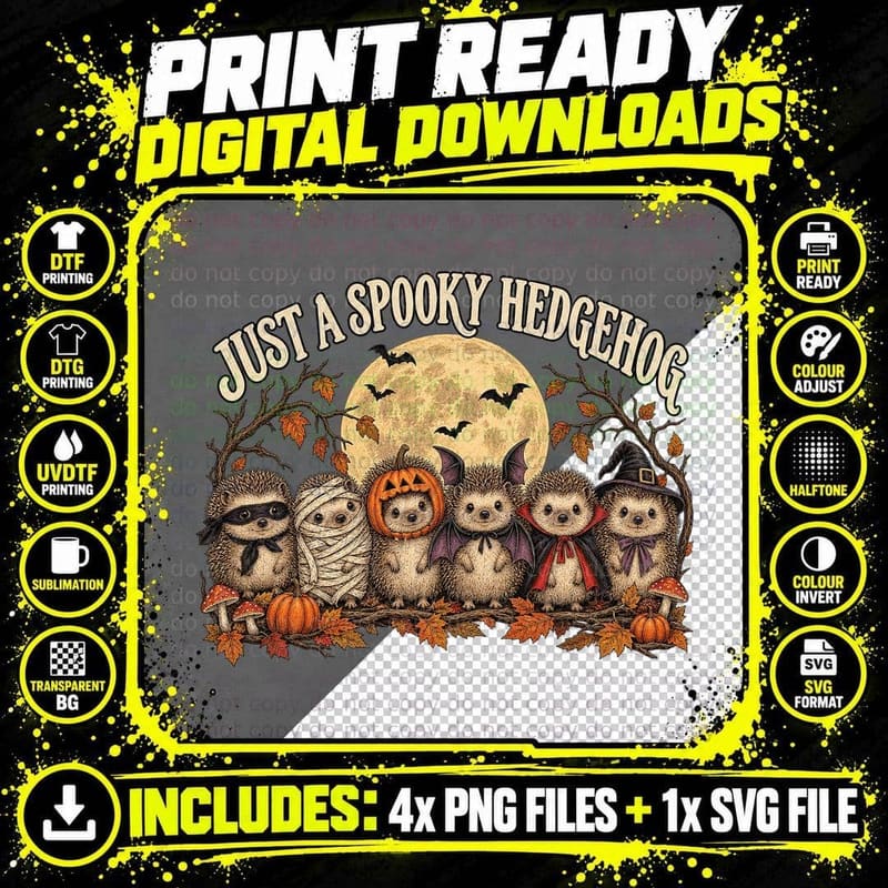 Just A Spooky Hedgehog Halloween Costumes Full Moon Woodland T-Shirt Png SVG Digital Bundle