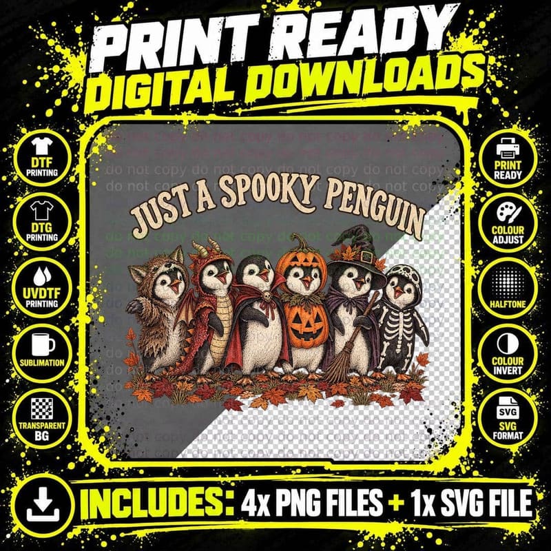 Just A Spooky Penguin Halloween Costumes Werewolf Dragon Witch T-Shirt Png SVG Digital Bundle
