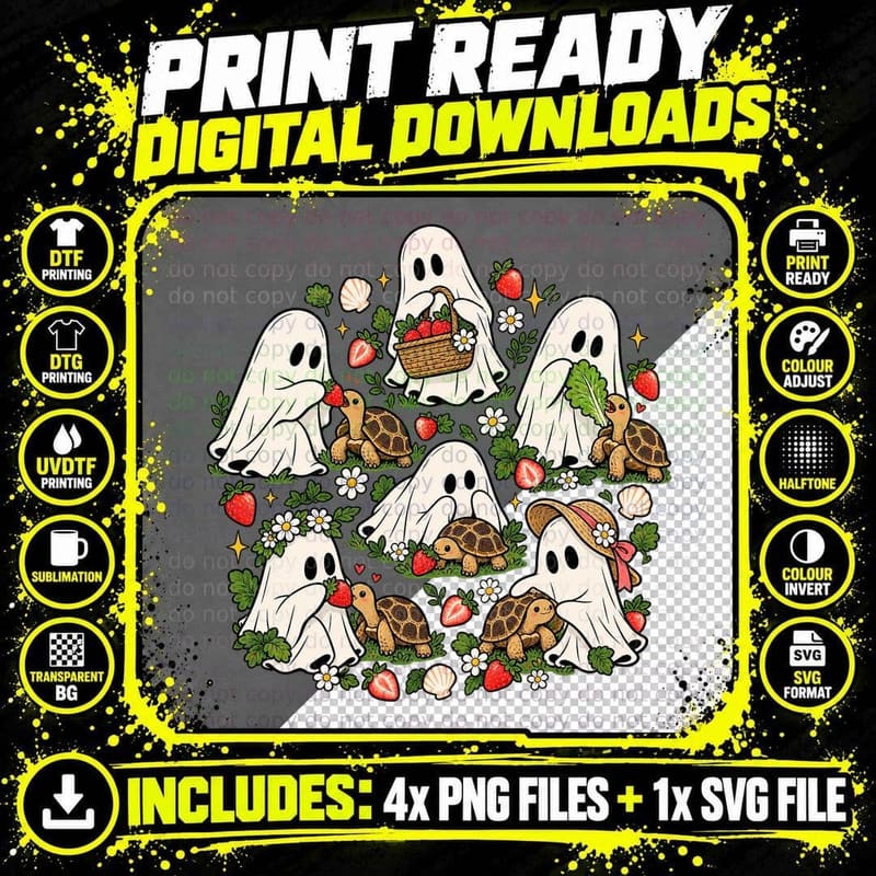 Funny Tortoise Ghost Strawberry Cottagecore Garden Cute Png SVG Digital Bundle