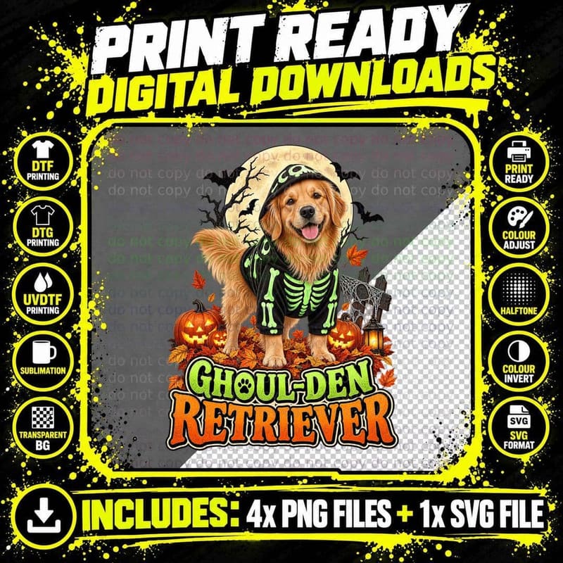 Ghoul-Den Retriever Halloween Skeleton Hoodie Retro Png SVG Digital Bundle