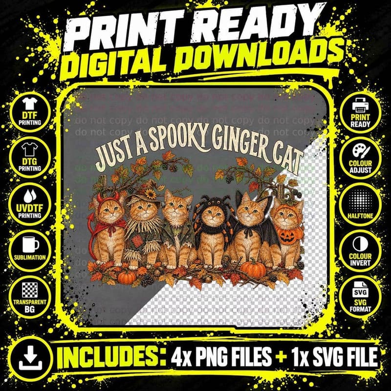 Just A Spooky Ginger Cat Gang Halloween Costumes Orange Tabby T-Shirt Png SVG Digital Bundle