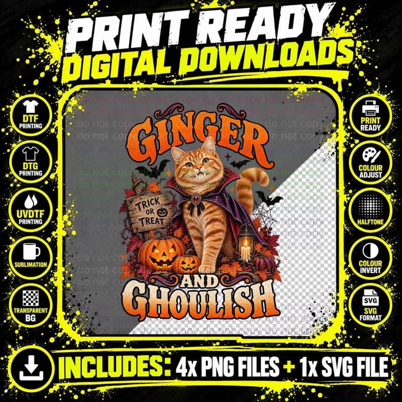Ginger And Ghoulish Tabby Cat Vampire Cape Halloween Trick Or Treat T-Shirt Png SVG Digital Bundle