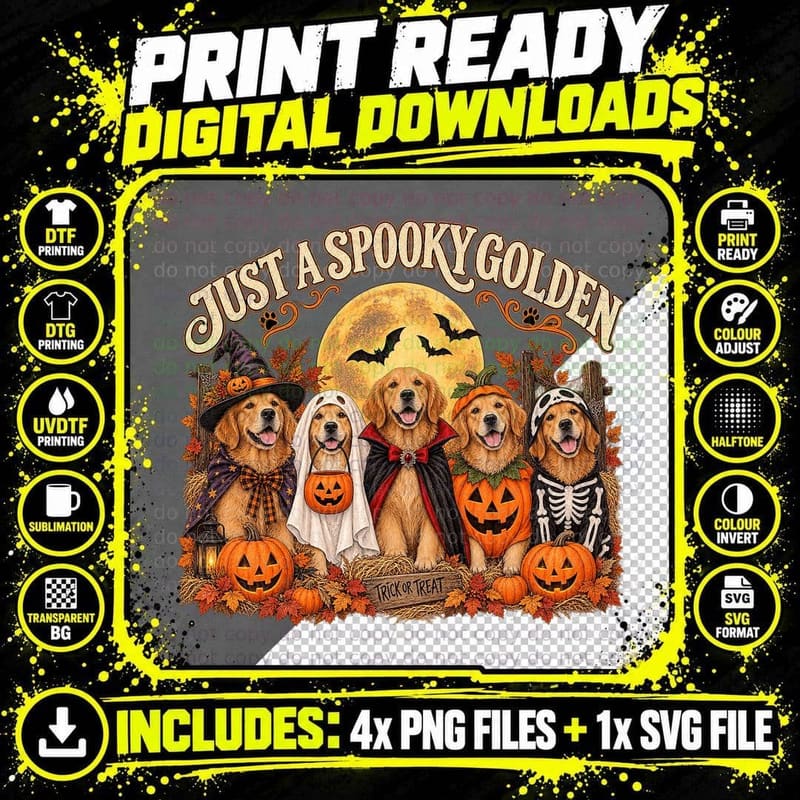 Just a Spooky Golden Retriever Halloween Costume Witch Ghost Vampire T-Shirt Png SVG Digital Bundle