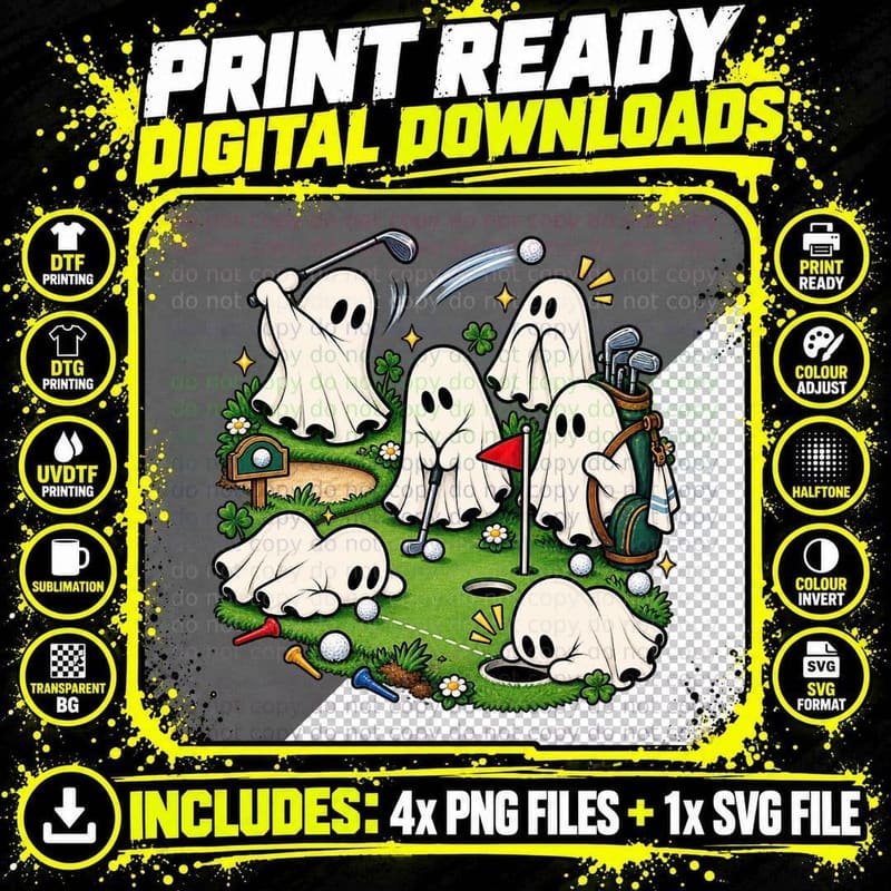 Golf Ghost Golfer Putting Green Funny Spooky Halloween Png SVG Digital Bundle