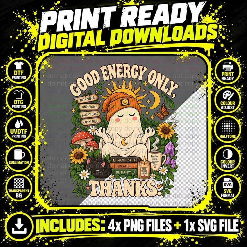 Good Energy Only Thanks Ghost Frog Spellbook Witchy Png SVG Digital Bundle