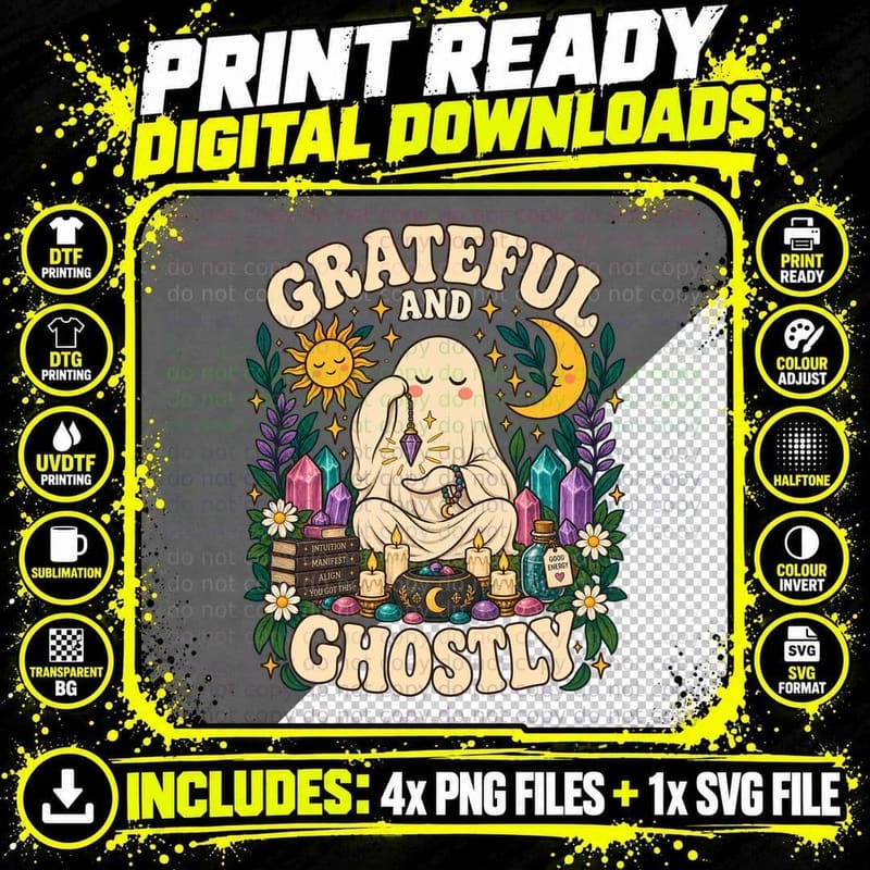 Grateful and Ghostly Crystal Ghost Celestial Witchy Png SVG Digital Bundle