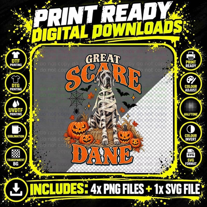 Great Dane Halloween Mummy Dog Vintage Great Scare Dane Png SVG Digital Bundle