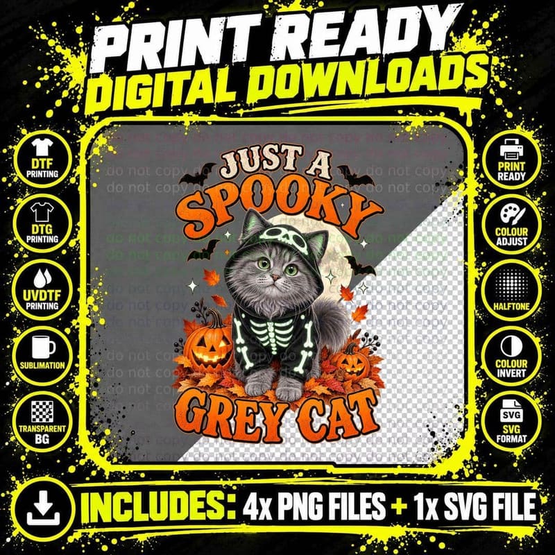 Just a Spooky Grey Cat Kitten Glow Skeleton Hoodie Halloween Pumpkins T-Shirt Png SVG Digital Bundle