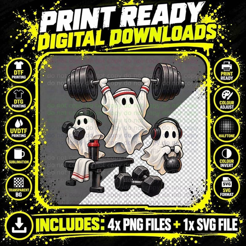 Gym Ghost Weightlifting Kettlebell Fitness Funny Png SVG Digital Bundle
