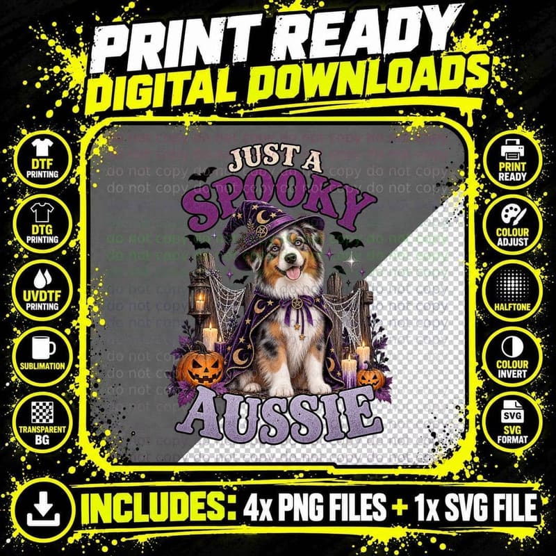 Halloween Australian Shepherd Spooky Aussie Wizard Dog Png SVG Digital Bundle