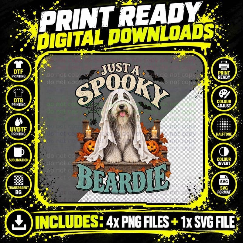 Halloween Bearded Collie Spooky Beardie Ghost Dog Png SVG Digital Bundle