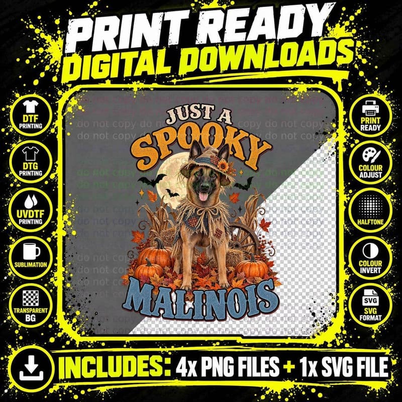 Halloween Belgian Malinois Spooky Scarecrow Dog Vintage Png SVG Digital Bundle
