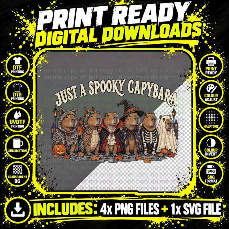 Just a Spooky Capybara Halloween Costume Vampire Witch Dragon Ghost Cute T-Shirt Png SVG Digital Bundle